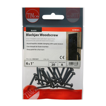 Pre Pack Woodscrew Black Round Head 6 x 1 (20)