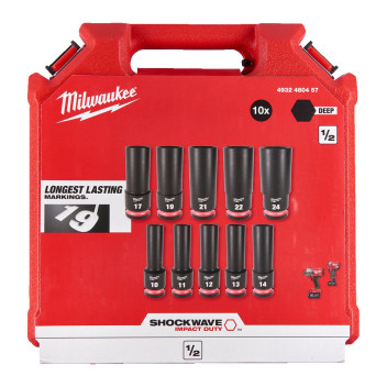 Milwaukee Socket Shockwave Set 1/2\" Deep Drive 10pc*